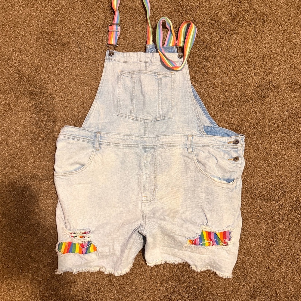 Light Wash Denim Rainbow Strap Distressed Short Overalls